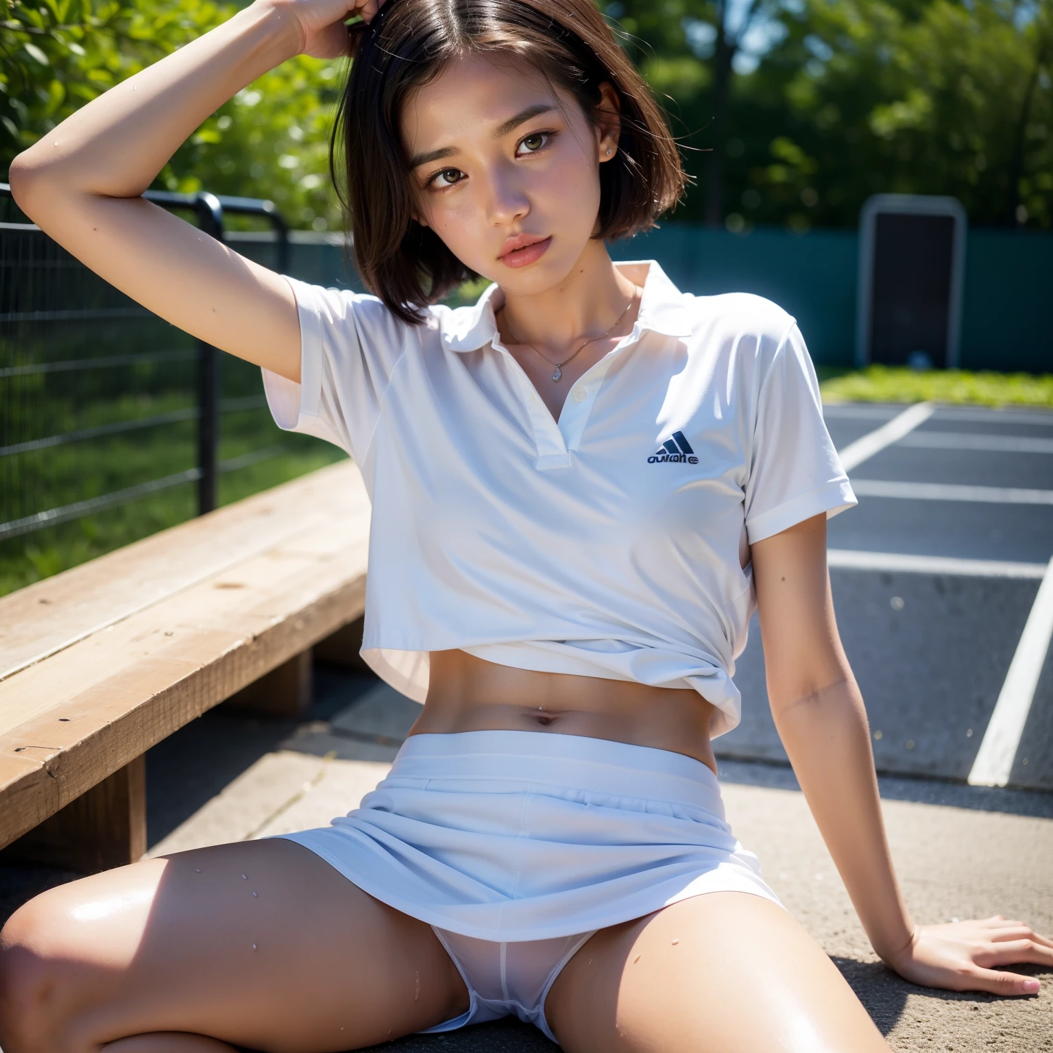 1 girl, alone, white polo shirt, white sneakers, tennis wear, white mini skirt, masterpiece, highest quality, realistic, very detailed, (shiny skin, sweaty:1.4), absurd, looking at the viewer, short black hair, brown eyes, thin, dynamic lighting, High resolution, sharp focus, Depth of the bounds written, fine eyes, sharp pupils, realistic pupils, (small breasts:1.6), (thick thighs:1.0), outdoor, null