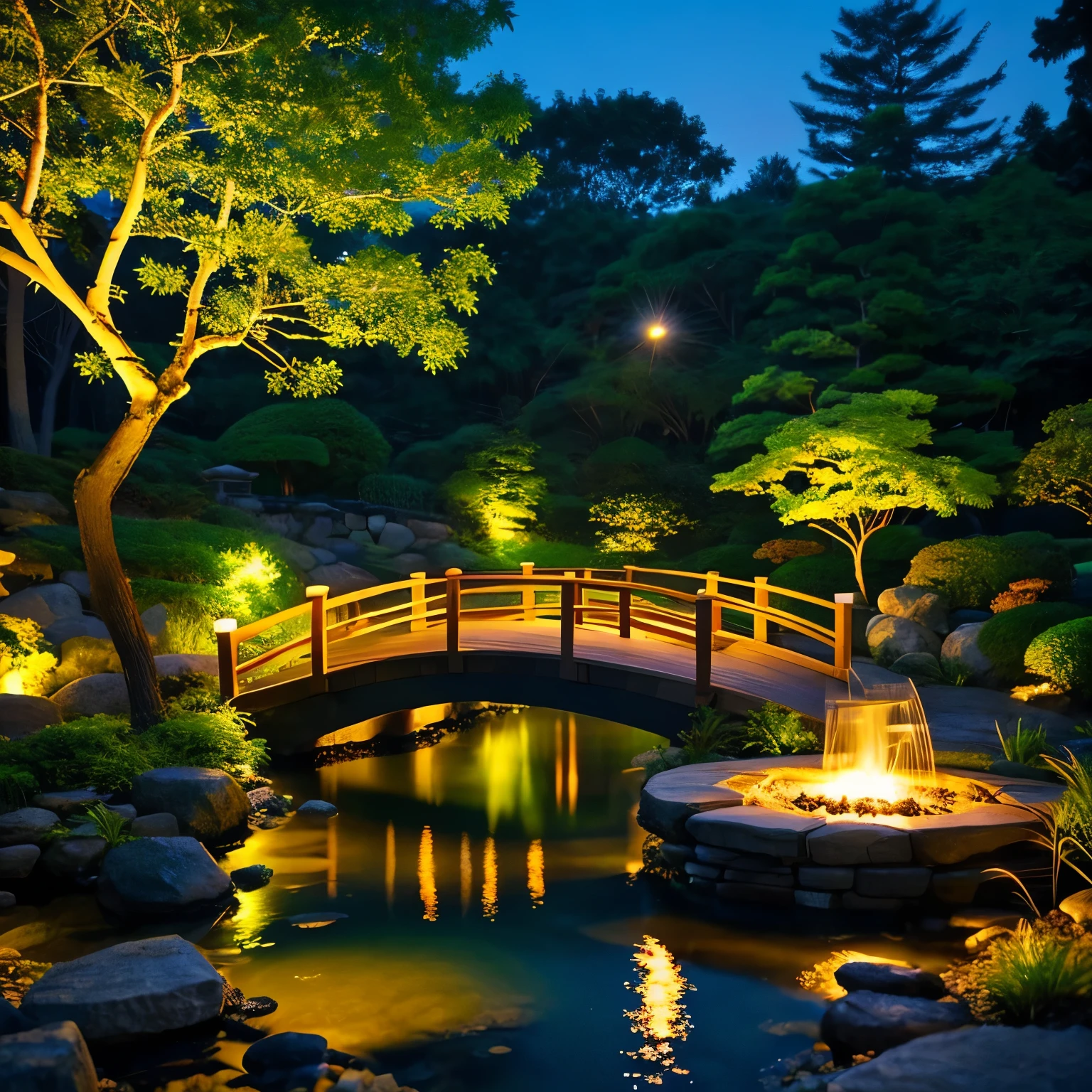 Japanese garden, Small bridge and small waterfall, water flowing, night starry sky, Summer night sky, fire Fly, extreme details, realistic light, great composition, (intricate details), (intricate design, Super detailed: 1.2), art station, (masterpiece, highest quality), ultra hd, 32k --v6