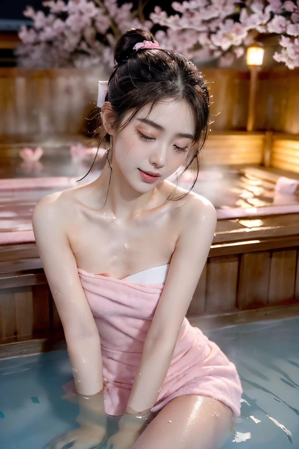 (Extremely meticulous CG),(((8k))),wallpaper,((Extremely refined and beautiful)),(((Masterpiece))),(((best qualtiy))),(((Ultra High Resolution))),beautiful light up,Perfect lightning,realistic shaded,(Smooth and flawless fair skin:1.5),Extremely exquisite facial details,(ultra-detailed:1.5),((a beautiful girl)),(bun hair:1.2),(small head:1.2),(slender face:1.2),(Exquisite makeup:1.3),(blush:1.3),(shiny skin:1.5),(happy:1.2),(laughing:1.3),(perfect body:1.1),(small breasts:1.2),(flat chest:1.2),((slim,thin)),(from front:1.3),(close-up of upper body:1.3),(strapless pink towel-dress:1.5),(Sweat:1.3),(outdoor:1.3),(Japanese Palace:1.2),(bathing in hot onsen:1.5),(sitting in the bottom of the onsen pool:1.5),hot steam,incredibly ridiculous,incredibly fine illustrations,(In the onsen garden full of sakura:1.5),(hide body with the reflection of hot water:1.5),(whole body below the neck is soaked in water:1.5),(Sakura petals floating on the hot spring water surface:1.2),steaming,(Only the head above the water surface:1.5),(early spring:1.3),(night scene:1.5),(surrounded by crowded crowds:1.5)