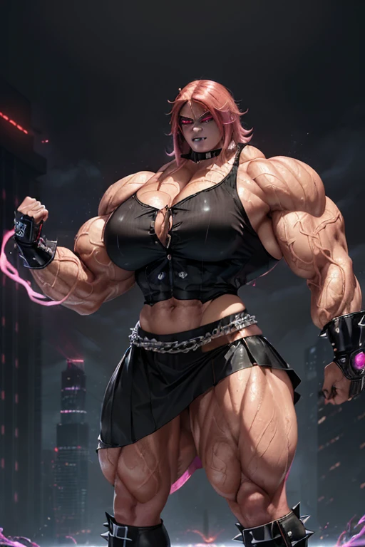 (((((Massive tall, beautiful, buff, wet, brown skinned muscular android woman with shocking pink hair, glowing red eyes, black lipstick, ginormous bulky muscles, wearing an half button down black blouse with black loose skirt))))), close view, (massive muscles), massive biceps, hyper muscle shoulders, (ginormous muscles), hyper muscle triceps, (angled bob cut wind blowing hair), (glowing red eyes), choker, (chain belt), black boots, (spiked gauntlets), (black fog surrounding the body), on top of a skyscraper of a rainy destroyed dark city, arrogant smile, night, hyper vascular arm, hyper muscles arms, hyper muscle legs, (ginormous arms).