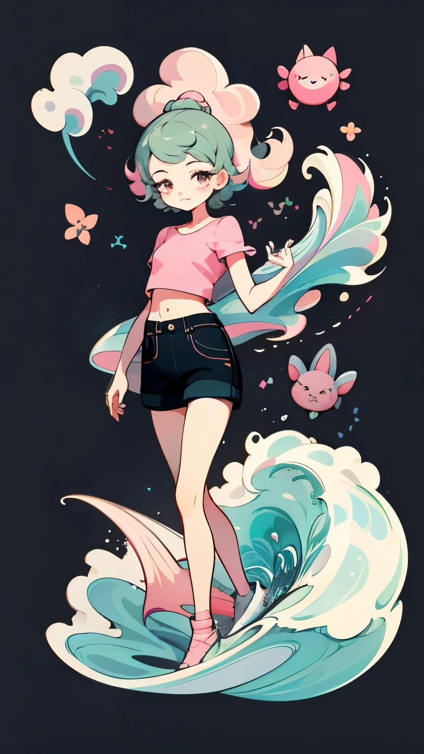 1 sticker, manual, (sticker, A fashionable girl, Model, pink top, Cool Wave), black background, Simple background, the smallest, Lovely, Tiny, pastel colors, vector style, No gradient,