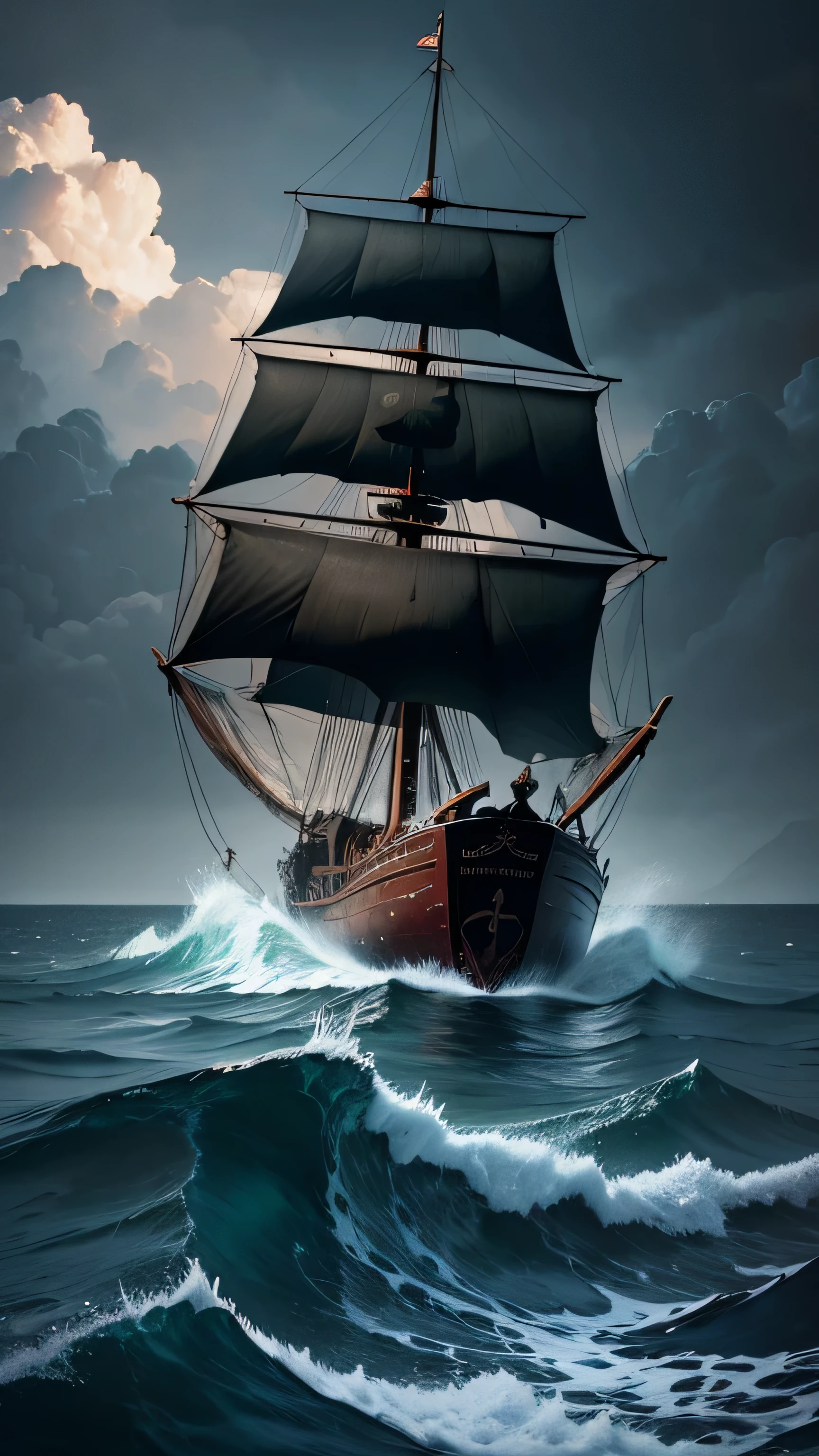 traditional pinisi ship sank, broken, destroyed, destroyed over the sea, rain, dark cloud, no light,8k