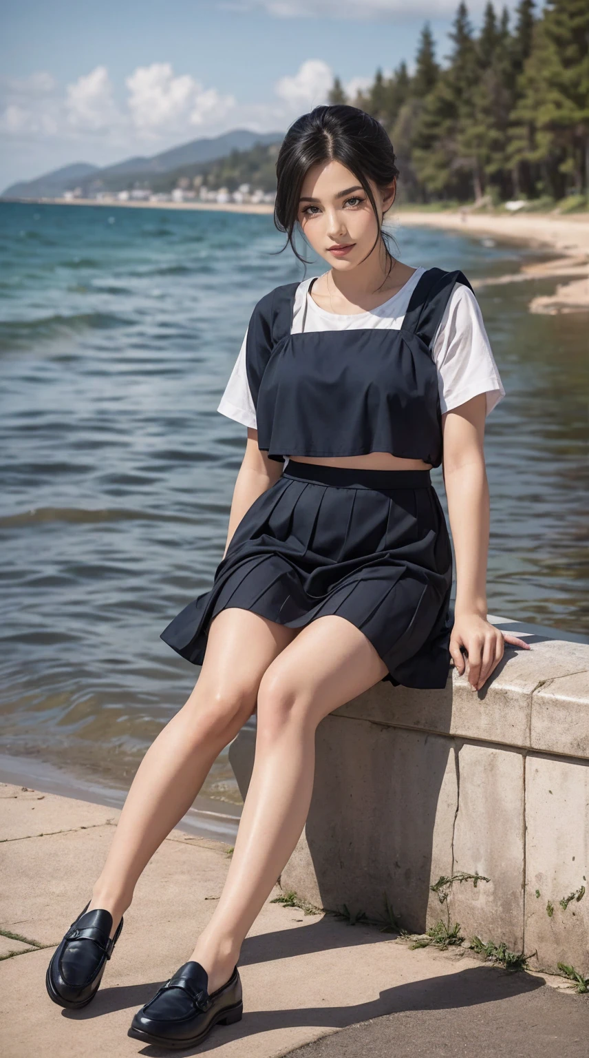 A woman who has been and tied up、Hands tied with rope、Sitting on the beach in Okinawa、Facing forward、White panties are visible、21talent、Beauty、Well-formed face、Make your eyes even、Beautiful black hair、Has bangedium build、Well-balanced proportions、Beautiful legs、Dark short-sleeved shirt、skirt、Like real life、highest quality
