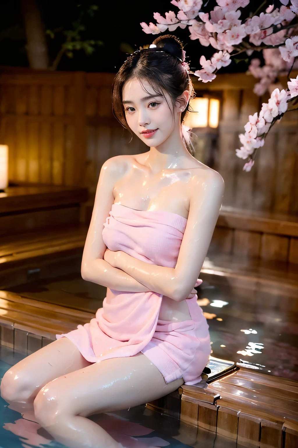 (Extremely meticulous CG),(((8k))),wallpaper,((Extremely refined and beautiful)),(((Masterpiece))),(((best qualtiy))),(((Ultra High Resolution))),beautiful light up,Perfect lightning,realistic shaded,(Smooth and flawless fair skin:1.5),Extremely exquisite facial details,(ultra-detailed:1.5),((a beautiful girl)),(bun hair:1.2),(small head:1.2),(slender face:1.2),(Exquisite makeup:1.3),(blush:1.3),(shiny skin:1.5),(happy:1.2),(laughing:1.3),(perfect body:1.1),(small breasts:1.2),(flat chest:1.2),((slim,thin)),(from front:1.3),(full body:1.3),(strapless pink towel-dress:1.5),(Sweat:1.3),(outdoor:1.3),(Japanese Palace:1.2),(bathing in hot onsen:1.5),(sitting in the bottom of the onsen pool:1.5),hot steam,incredibly ridiculous,incredibly fine illustrations,(In the onsen garden full of sakura:1.5),(hide body with the reflection of hot water:1.5),(whole body below the neck is soaked in water:1.5),(Sakura petals floating on the hot spring water surface:1.2),steaming,(Only the head above the water surface:1.5),(early spring:1.3),(night scene:1.5),(surrounded by crowded crowds:1.5)