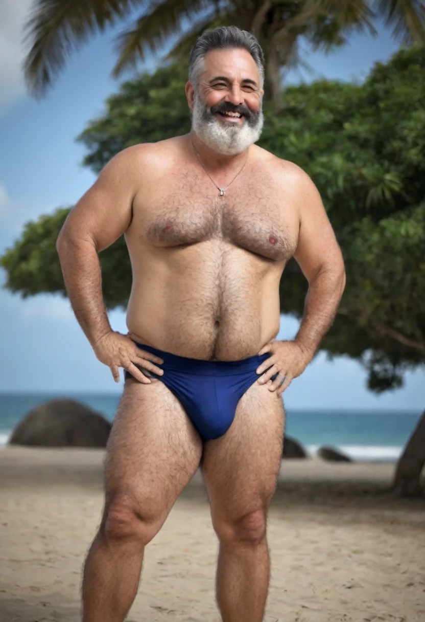 Ha um homem de cueca branca, sorrindo, barba baixa, big daddy body, cueca, bojo grande, big dick, aparenta 40 anos