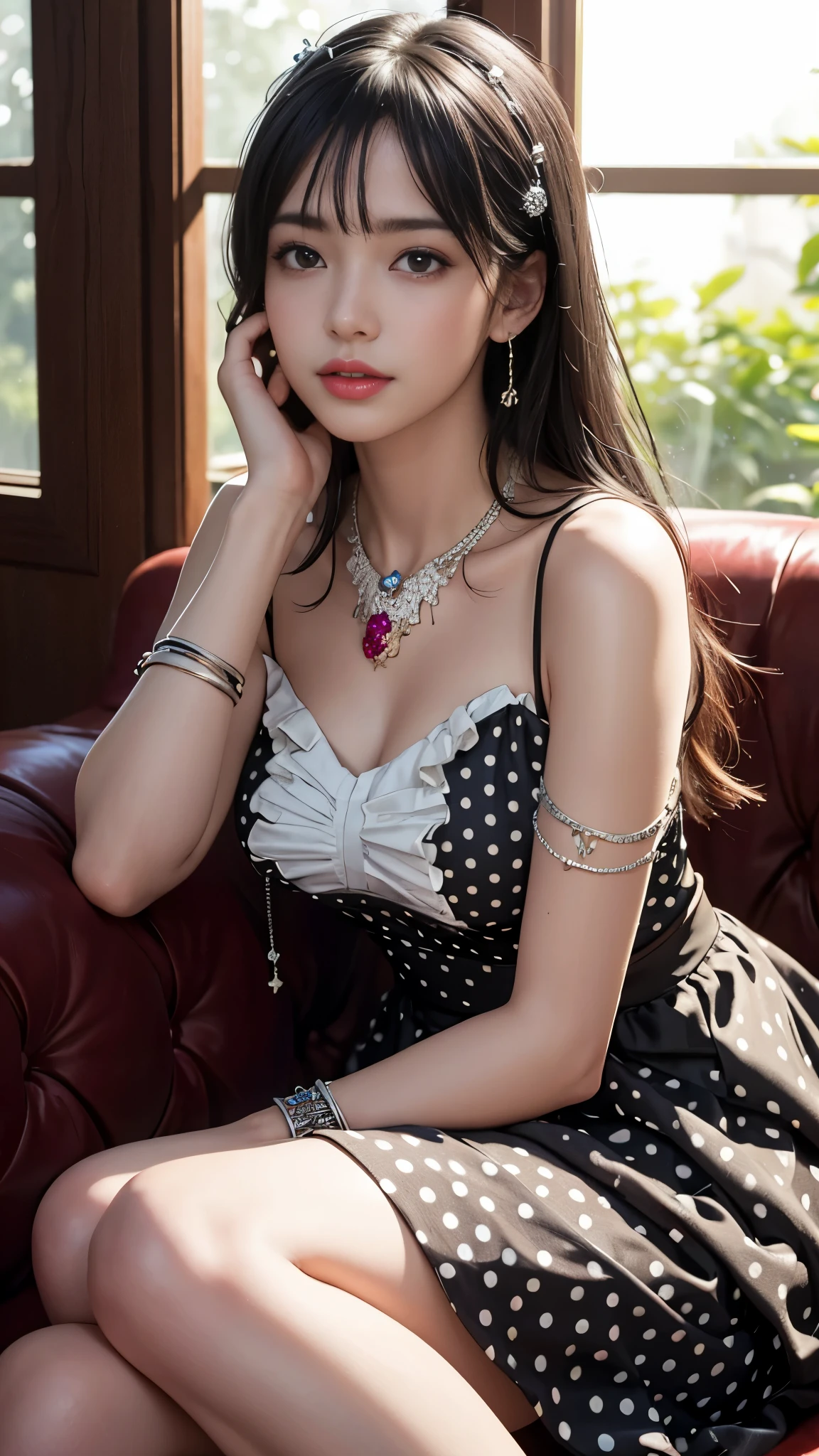 best quality, masterpiece, 1girl, (polka dot dress), black dress, hair ornament, necklace, (jewellery:1.8), Beautiful face, upon body, tyndall effect, photorealistic, rim lighting, two tone lighting, (high detailed skin:1.2), dslr, (spreading light:1.5) soft lighting, high quality, volumetric lighting, candid, park, Photograph, high resolution, 4k, 8k, Bokeh, sitting,