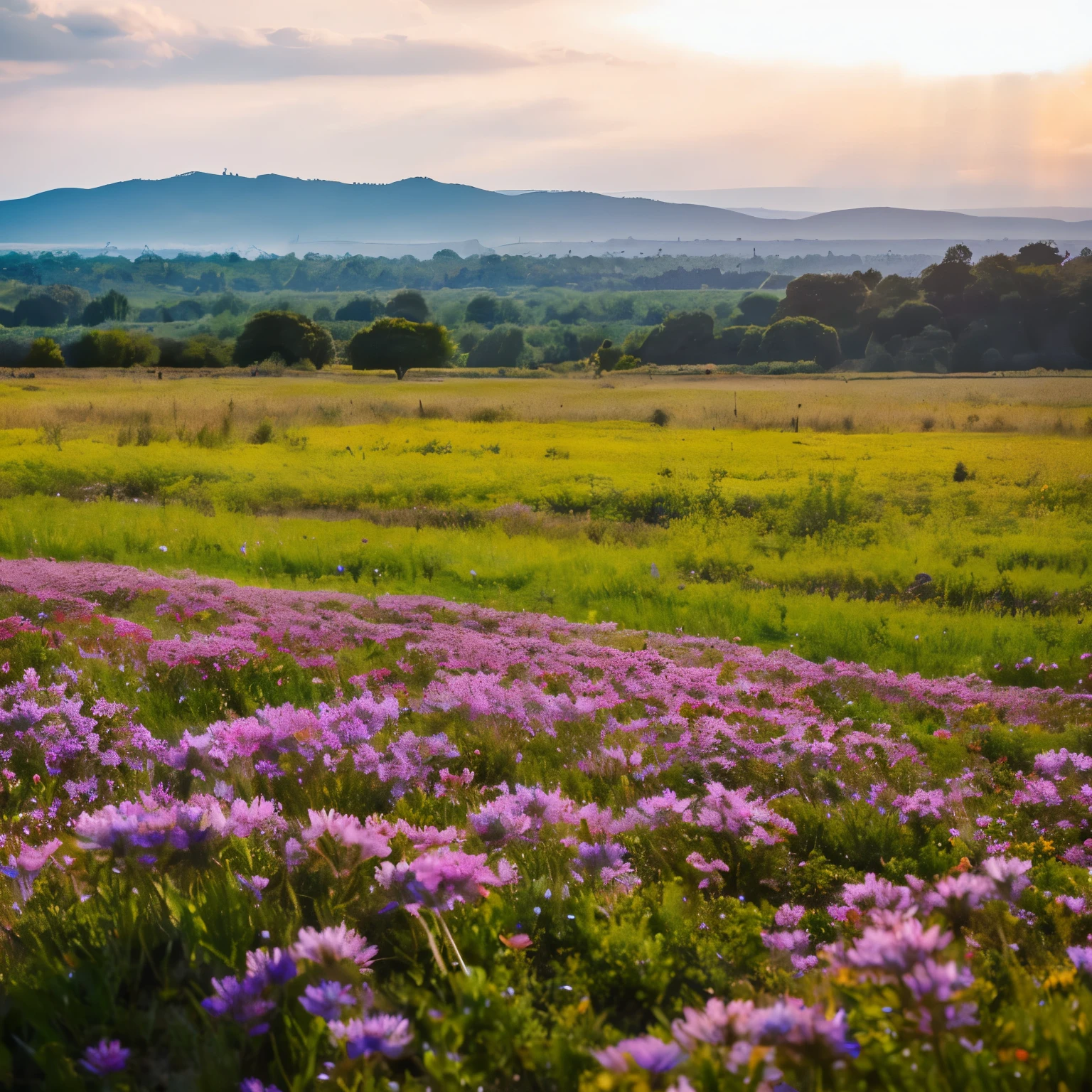 There is a forested plain nearby.,Flowers are blooming on the plains,There is a lake,There are stones,hazy mountain in the distance々i can see,The sky was filled with clouds,the morning sun rises,Starlight,Watercolor Asters