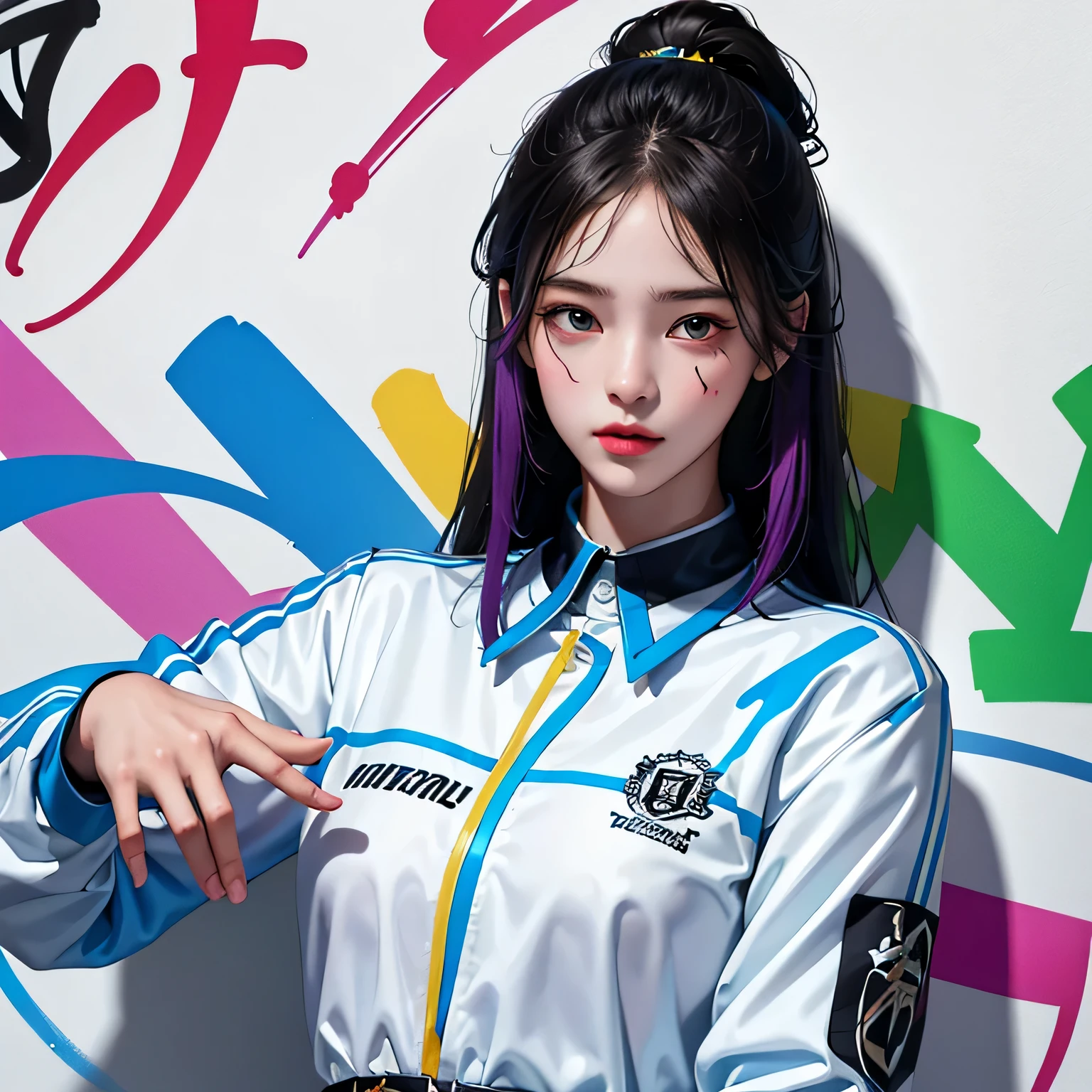 (8k, RAW photo, photorealistic:1.25) ,( lipgloss, eyelashes, gloss-face, glossy skin, best quality, ultra highres, depth of field, chromatic aberration, caustics, Broad lighting, natural shading,Kpop idol) looking at viewer with a serene and goddess-like happiness, ((detailed face)), ((detailed eyes)),(((blue hair))), ((
his shirt says JUNGLER))