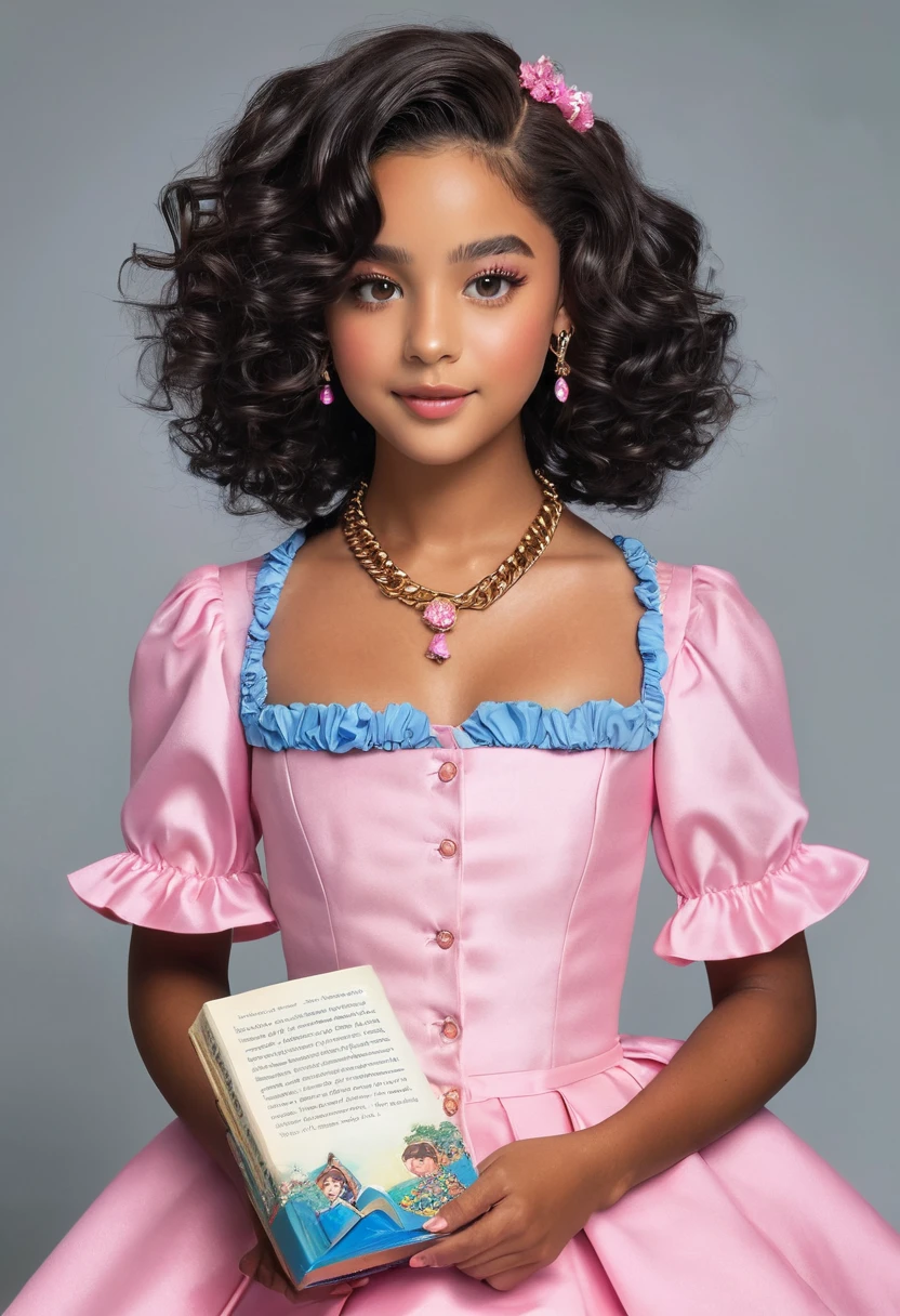 ((Melhor qualidade)), ((obra de arte)), (detalhado), perfect face make one with black curly hair down to the waist , pele clara, brown eyes and wearing a book-shaped chain, a pink dress and a boy with straight hair, medium and brown, pele clara, blue eyes is wearing a blue outfit