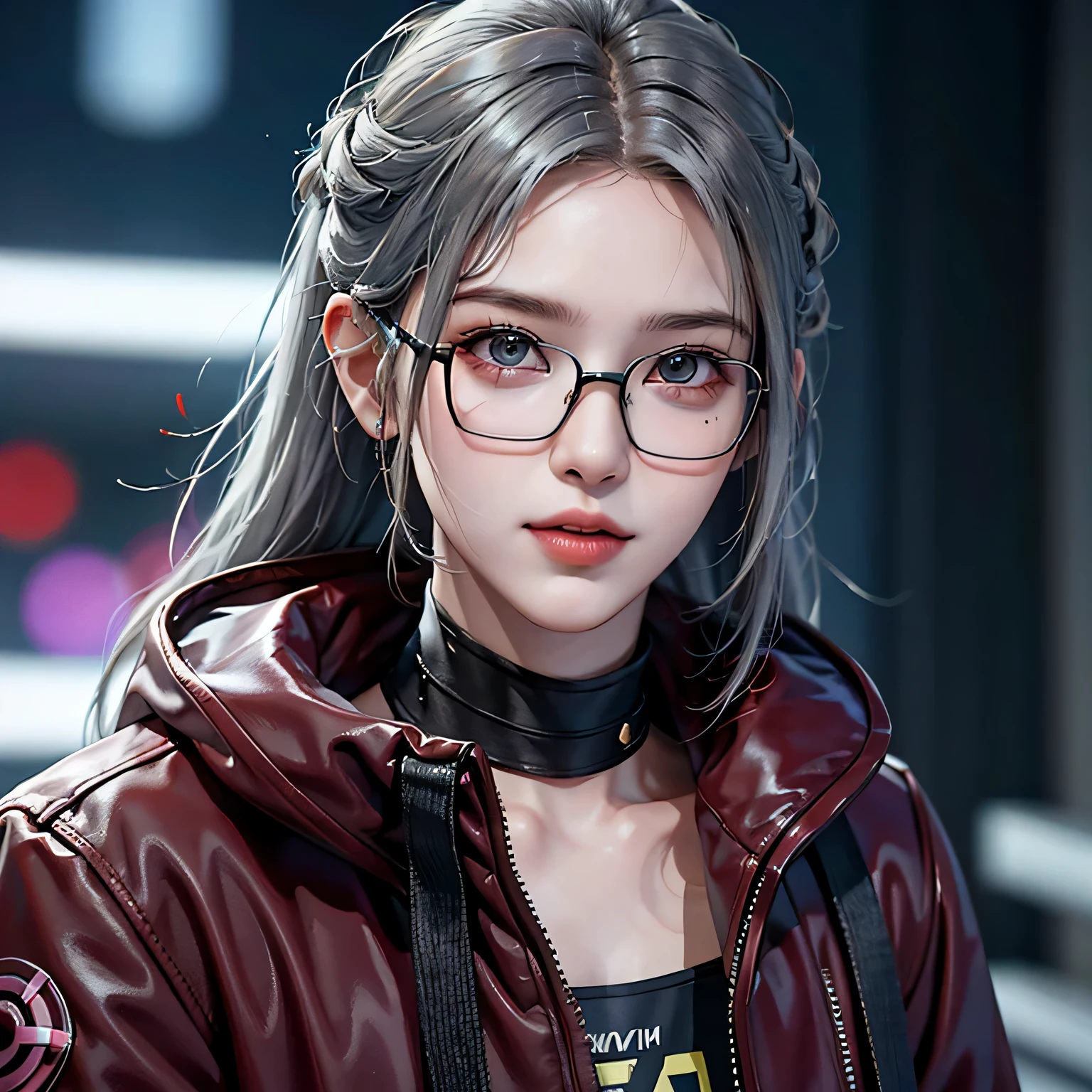 Raw 16k Ultra HD Vibrant Color Masterpiece, 1.12), Describe the emotions captured in a close-up of a gray-haired man&#39;s face, perfect hairstyle and glasses, game『cyberpunk 2077』Wearing a jacket inspired by. The setting reflects the game&#39;s dystopian future environment., Contains distinctive elements of Cyberpunk 2077 cities.