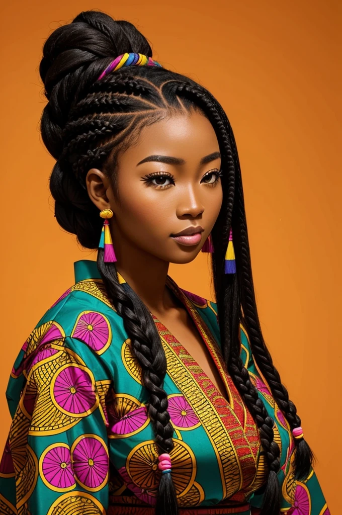 Beautiful lady who is Half African and half Japanese. Dark skin. Asian facial features. thick long hair in African braids. Wearing colorful Laplander outfit.