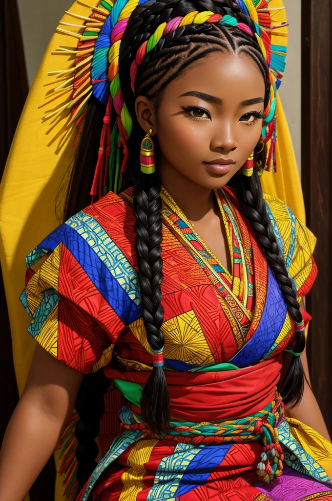 Beautiful lady who is Half African and half Japanese. Dark skin. Asian facial features. thick long hair in African braids. Wearing colorful Laplander outfit.