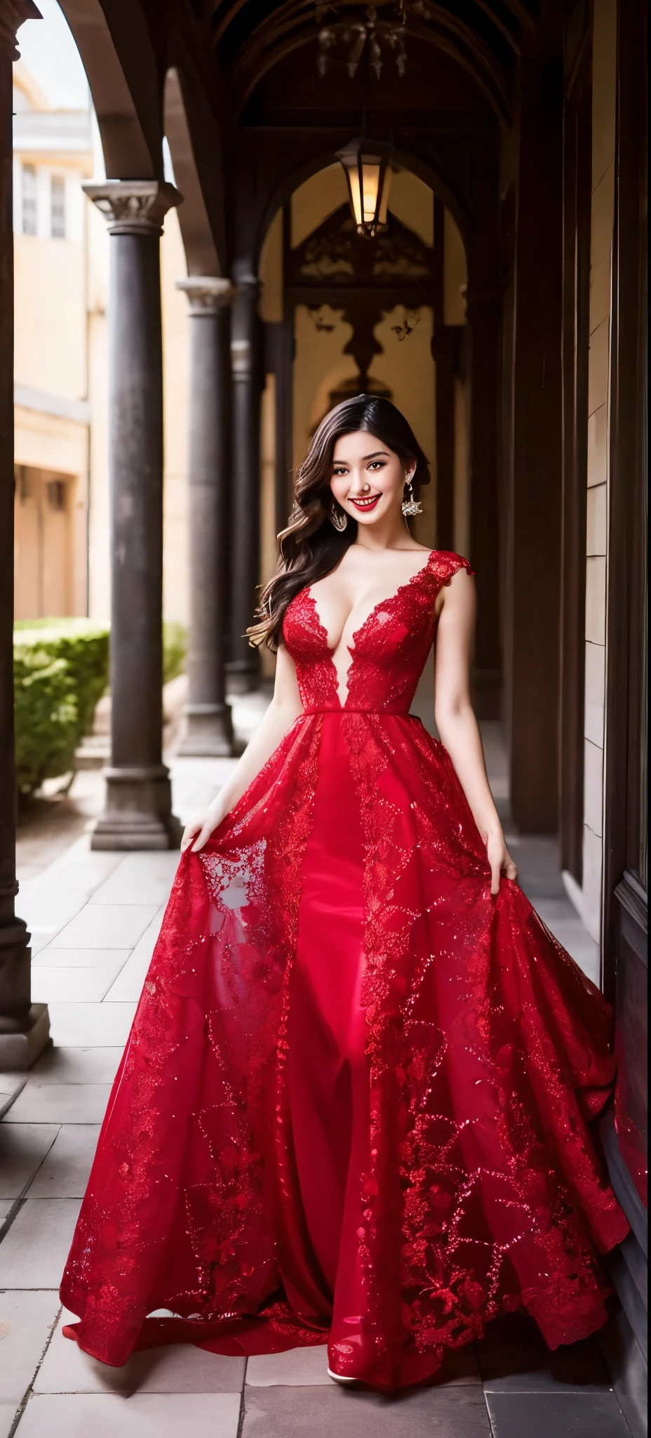 1girl,baiyi,large breasts,red lips,smile,ponytail,realistic, a woman in a red dress posing for a picture in a courtyard, a picture by Emma Andijewska, tumblr, tachisme, sexy gown, opened dress, wearing an elegant dress, fantasy long intricate gown, sexy dress, dressed beautiful gown, red gown, wearing a magnificent dress, dressed in red lace, translucent dress, extravagant dress, see through dress