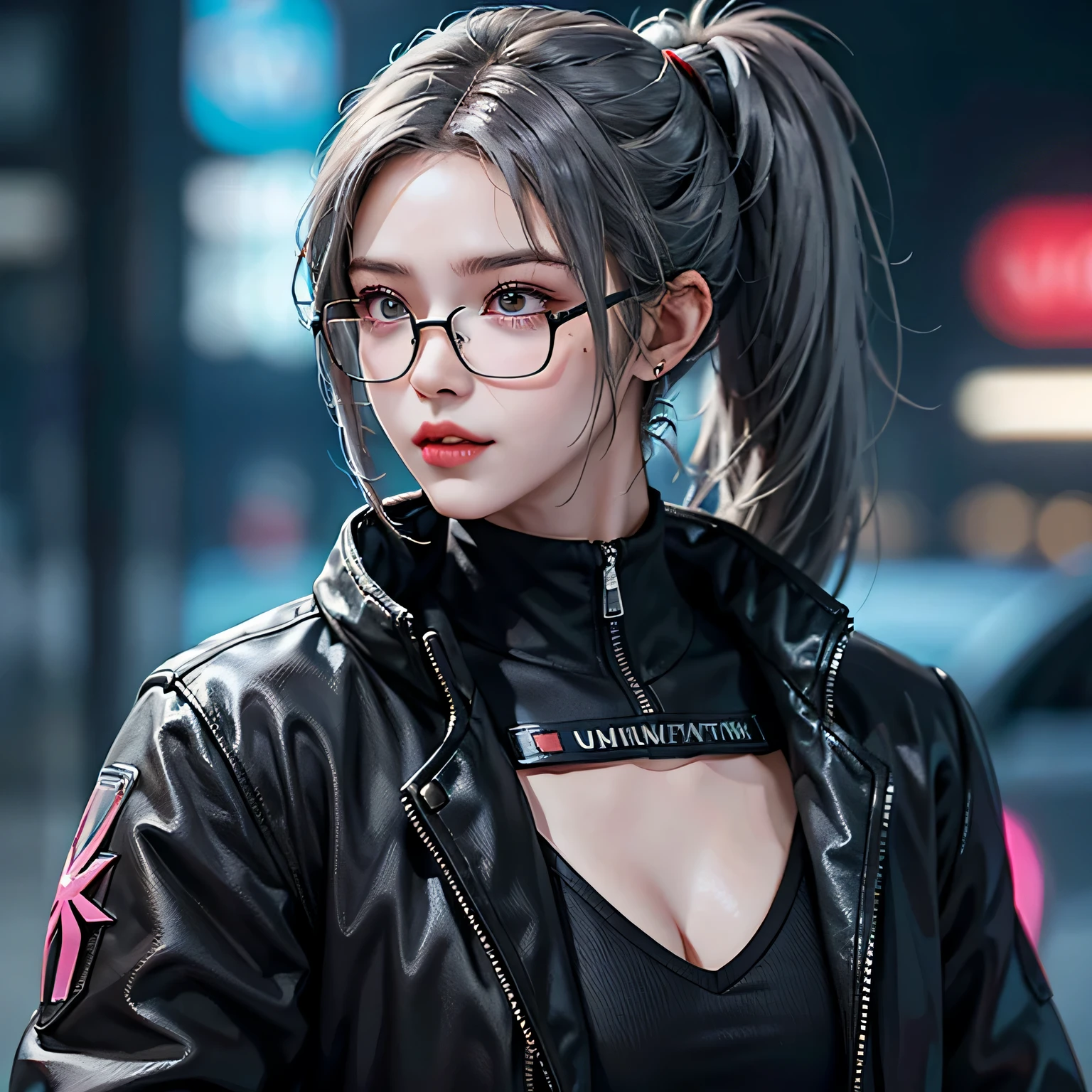 Raw 16k Ultra HD Vibrant Color Masterpiece, 1.12), Describe the emotions captured in a close-up of a gray-haired man&#39;s face, perfect hairstyle and glasses, game『cyberpunk 2077』Wearing a jacket inspired by. The setting reflects the game&#39;s dystopian future environment., Contains distinctive elements of Cyberpunk 2077 cities.