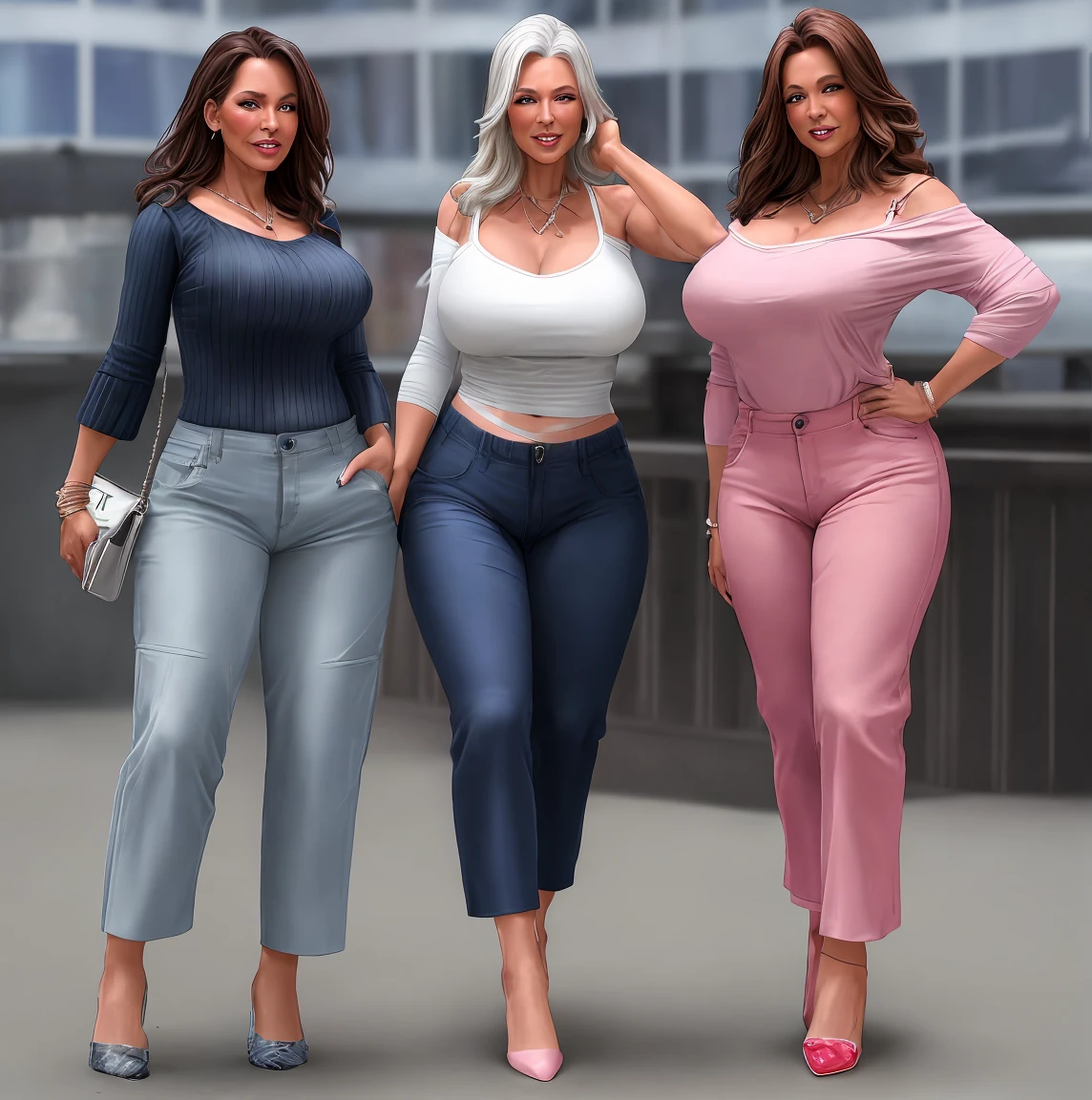 Mature 40 year old sexy triplets, imagen de cuerpo entero, imagen con una postura sexy y provocativa, imagen de cuerpo completo, cara y manos perfectas y definidas, en un crucero, ropa de pantaloneta o shorts rosado y blusa blanca 