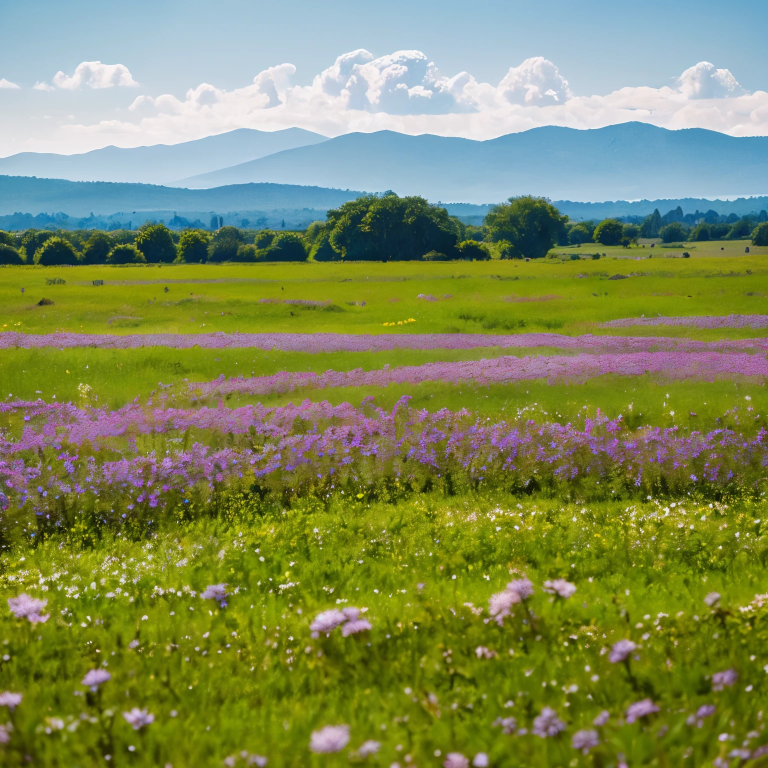 There is a forested plain nearby.，Flowers are blooming on the plains，There is a lake，There are stones，hazy mountain in the distance々i can see，The sky was filled with clouds，the morning sun rises，Starlight，Watercolor Asters 