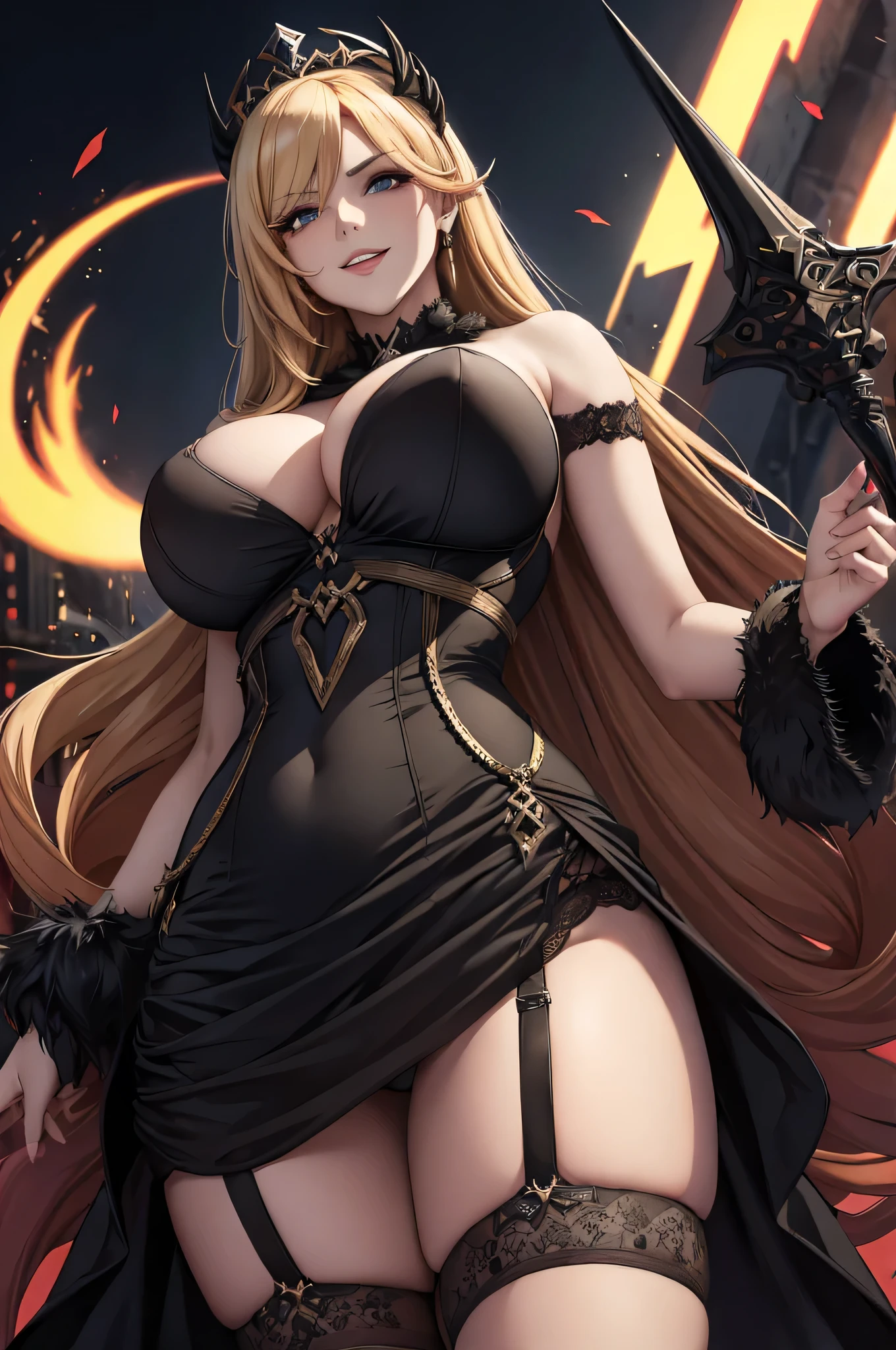villainous crazy psychopath smiling ,setting of terror and fear,1 mature woman,solo,black dress,furr trim,big breasts,crown,headgear,from below,garter belt,extremely detailed,masterpiece,best quality,highres,8k,look at viewer,blonde hair,palatinus equinox