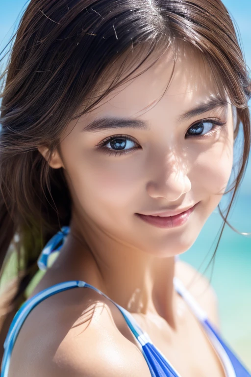 alone, (((Very detailed face)))), ((very detailed eyes and face)))), 細部までbeautiful目, body parts, Integrated 8K wallpaper, Super detailed, beautiful and beautiful, beautiful,Smile, masterpiece, highest quality, original, masterpiece, super detailed photos, highest quality, ultra high resolution, realistic realism, sunlight, full body portrait, amazing beauty, dynamic pose, delicate face, lively eyes, (from the front), She is wearing a wet swimsuit, blue and white color scheme,, Very detailed beaches