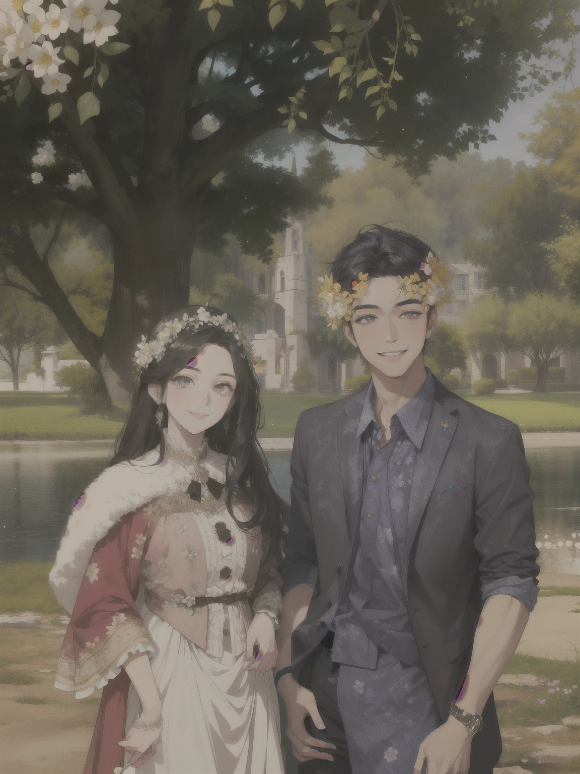 (masterpiece, best quality, highres, Sweet couple, beautiful girl, young boy, smile, couple photo, detailed eyes, dark eyes, detailed face, black hair, stylish hair, classy outfit, romantic background, flower crown, highly detailed