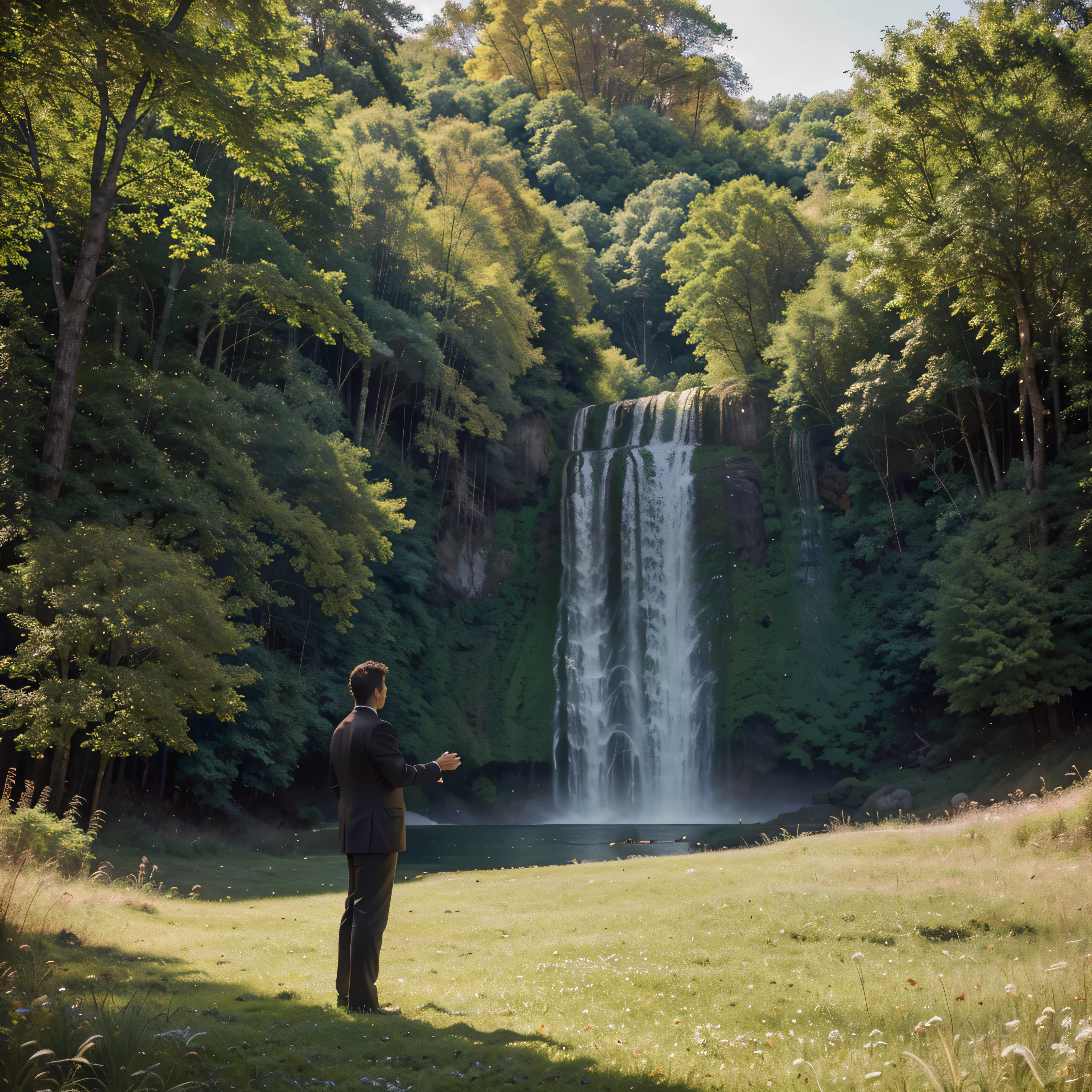 "Create a breathtaking photorealistic image capturing the moment of a man standing with his back to the viewer, his hands raised upwards in a gesture of profound gratitude and reverence towards the divine, set amidst a stunning natural landscape overflowing with beauty and majesty. The landscape should be a symphony of vivid colors and textures, featuring towering mountains, cascading waterfalls, lush forests teeming with life, and a vast, open sky stretching endlessly above. The man should be positioned centrally within the composition, bathed in the soft, golden light of the setting sun, which imbues the scene with a sense of warmth and tranquility. His posture should exude humility and spiritual connection, as he offers thanks to the divine for the awe-inspiring beauty of the natural world surrounding him. Pay meticulous attention to detail, from the gentle sway of grass in the breeze to the intricate patterns of light and shadow dancing across the landscape, to create a truly immersive and emotionally resonant depiction."