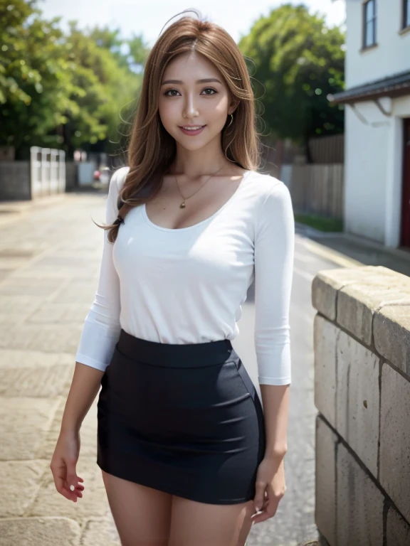 Female college student、No sleeve、Check tight skirt、Black boots、Wavy long hair、Brown moderate hair、clear、thin、slim、Long legs、thinウエスト、Beauty、looking at the camera、Walking around the city、Open chest、ｃcup、すらっと伸びたthin脚、Cute Smile、Summer sunshine、Emphasize the chest、Ponytail、
