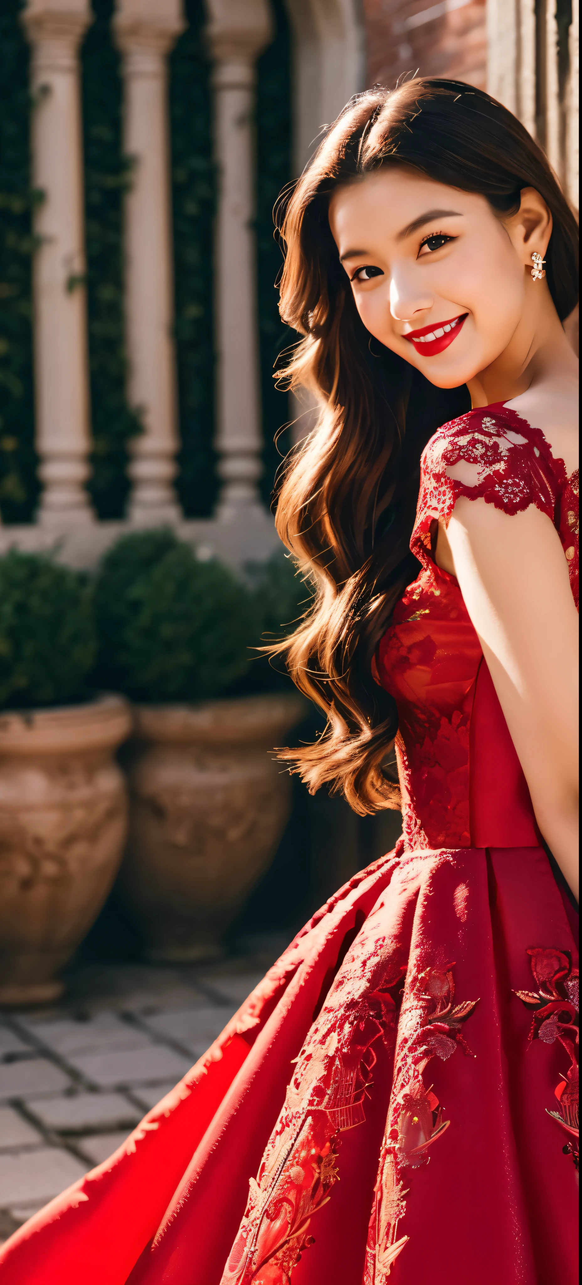 1girl,baiyi,large breasts,red lips,smile,ponytail,realistic, a woman in a red dress posing for a picture in a courtyard, a picture by Emma Andijewska, tumblr, tachisme, sexy gown, opened dress, wearing an elegant dress, fantasy long intricate gown, sexy dress, dressed beautiful gown, red gown, wearing a magnificent dress, dressed in red lace, translucent dress, extravagant dress, see through dress