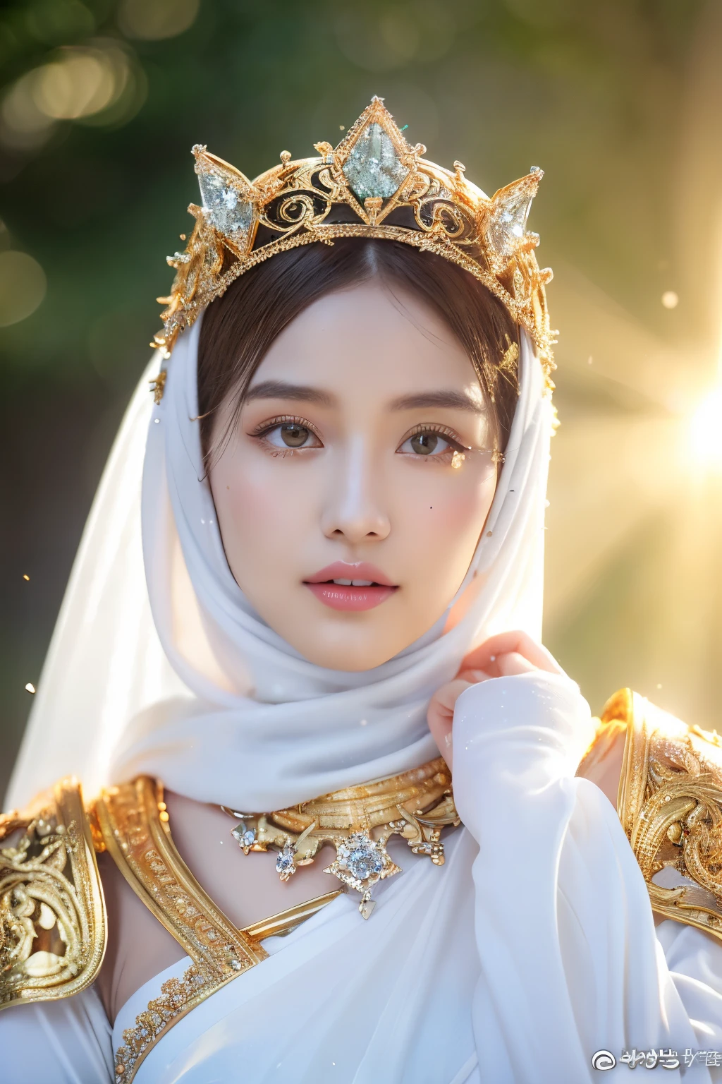 (masutepiece), Professional , masterpiece、top-quality、photos realistic , depth of fields (Gemstone Silver hijab Body:1.9),(Matte White、Particles of light、 Gold Weapon(Metal:1.4),Gorgeous metal weapons , Detailed Sword of the Brave , Beautiful hijab ,warhammer 40k , adepta sororitas,Detail and ornate jewel crown、Particles of light、Brown hair、Gangle's forest background、Beautiful Caucasian hijab、1a person、dynamic ungle,(((Detailed and ornate diamond crown)))、Particles of light、