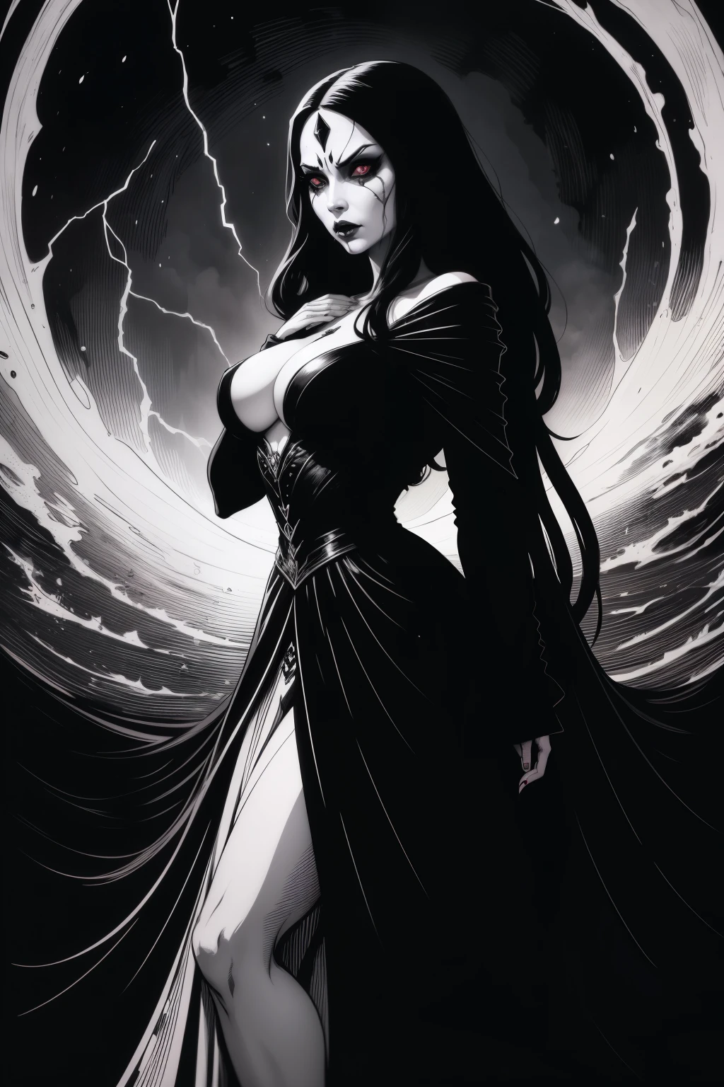In the depths of a black and white comic book, emerges the presence of the best quality artwork. It showcases a putrefying cadaveric queen, known as the queen of the night. With a haunting and scary character, she wears a black crown adorned with rubies, reflecting a sinister elegance. Her clothes are silver like moonlight, cascading around her like a spectral shroud. Her long black hair flows like a river of darkness, contrasting against her deadly gaze that pierces through souls. Standing in a mountainous landscape, surrounded by rivers of blood, she possesses a perfect silhouette that embodies both beauty and terror.
