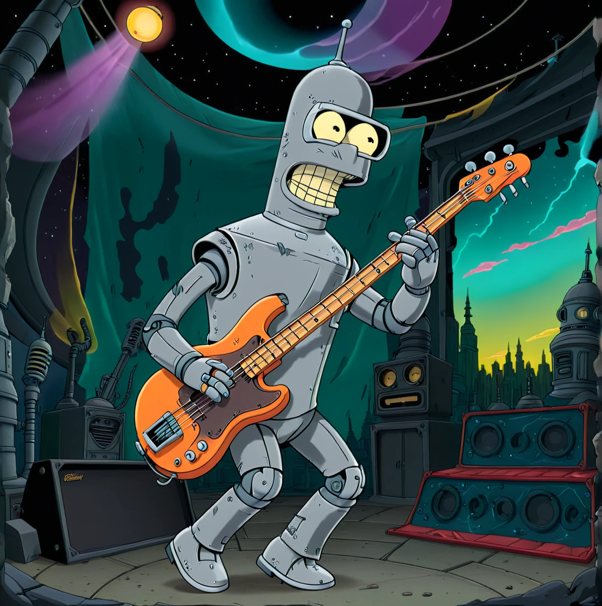 (bass player,animated character,kid,comic-style,one person,play the bass guitar,stern expression)

(best quality,highres,ultra-detailed,photo-realistic),vibrant colors,bright lighting,bold outlines,comic book-style shading,3D rendering

In this artwork, we have a vibrant and colorful scene inspired by the popular animated TV show "Futurama". The main focus of the image is a bass player, who is none other than Bender, one of the iconic characters from the show. Bender is shown playing the bass guitar with great enthusiasm and skill. He is dressed in a show costume, which adds to the lively and energetic atmosphere.

Bender is depicted in the distinct animation style of "Futurama", with bold outlines and comic book-style shading. The artwork showcases the best quality and attention to detail, allowing you to see every intricate aspect of the character. The colors used in the image are vibrant and eye-catching, further enhancing the lively nature of the scene.

The lighting in the artwork is bright and dynamic, emphasizing the character's presence on the stage. The scene is rendered in 3D, giving it a realistic and immersive feel. Bender's stern expression conveys his dedication and focus on the music.

Overall, this artwork captures the essence of "Futurama" and showcases the iconic character Bender in all his animated glory. The combination of vibrant colors, bold outlines, and comic book-style shading creates a visually stunning image that fans of the show will appreciate.