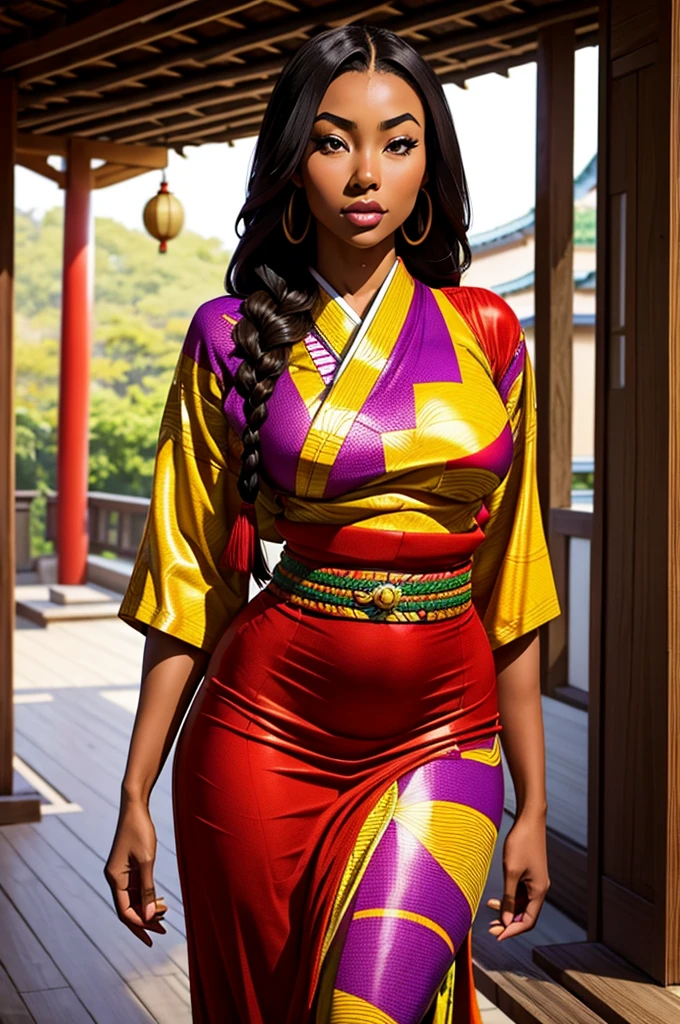 Beautiful lady who is Half African and half Japanese. Dark skin. Asian facial features. thick long hair in African braids. Wearing colorful Laplander outfit. ultra-thin-waist, ultra-wide-hips,