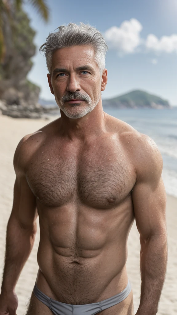 masterpiece, best quality, high resolution, down view, masculinity organ focus, A virile man 60 years old, whith grey hair, in speedo, grey silver hair, messy hairstyle, cute and seductive face, bare chest, body and pubic hair, facial hair, roman nose, very skinny body, dimples, goatee and mustache, bold jawline ,very sweaty cock, in the background a beach on a clean day, amazing composition, front view, HDR, ultra quality, elegant, highly detailed