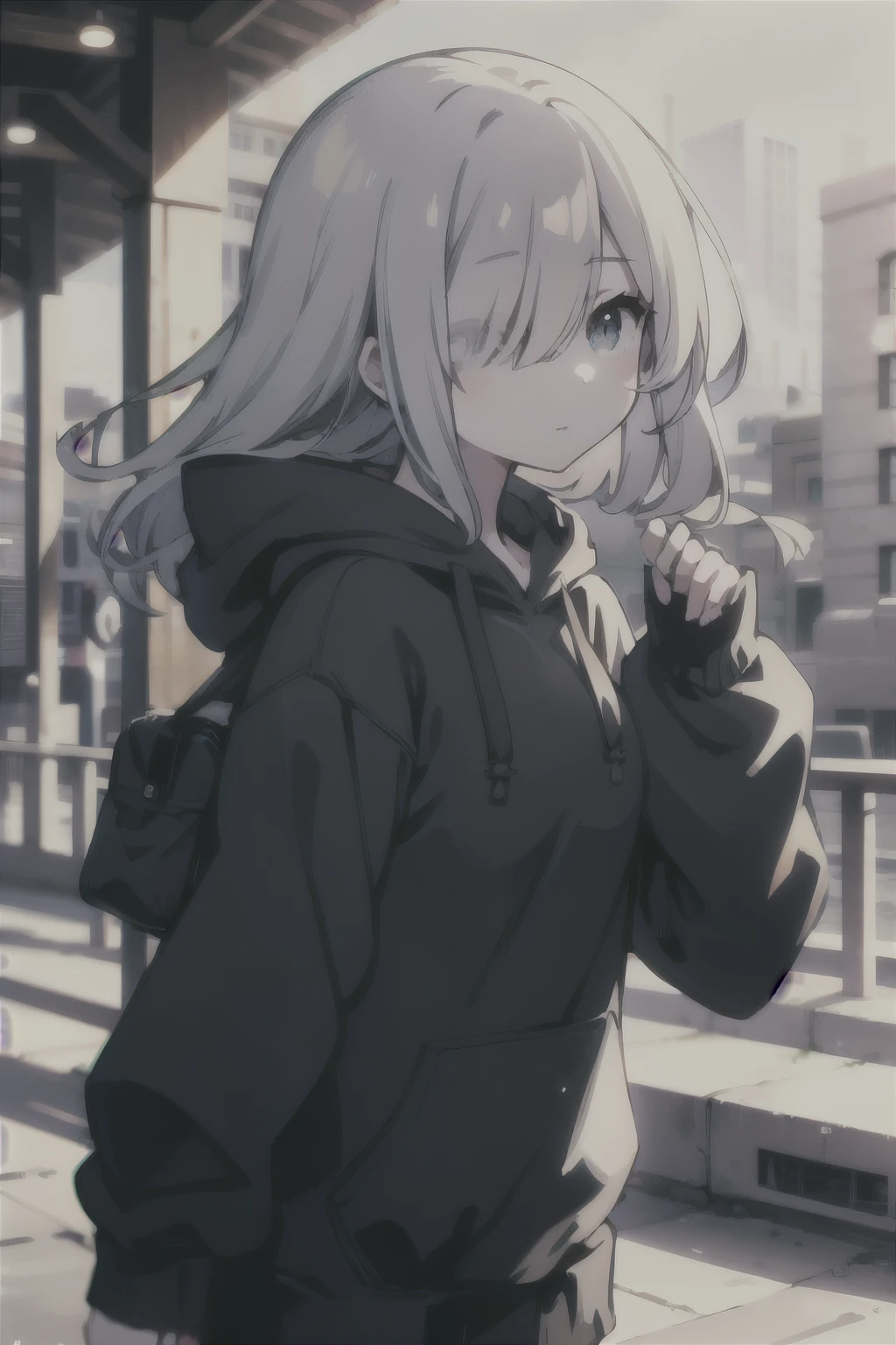 White-haired girl wearing a hoodie、cool type、One eye is hidden by bangs