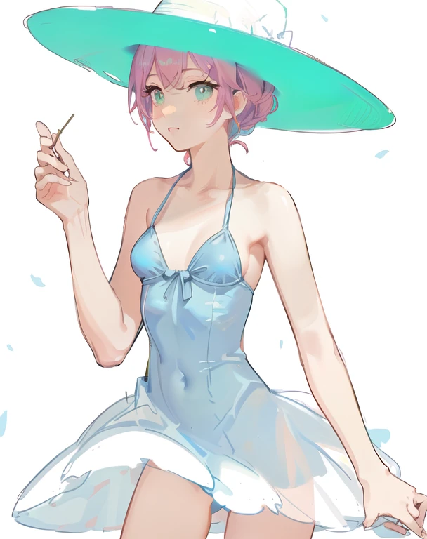 un dibujo de una mujer con un vestido azul y un sombrero verde, cuerpo completo portrait of a short!, boceto coloreado, nami una pieza, is wearing a swimsuit, en vestido, nami de una pieza, ella esta usando un sombrero, lineales de colores, cuerpo completo:: tiempo soleado::, swimsuit, lineales de colores, in retro swimsuit, cabello color rojo, ojos color gris