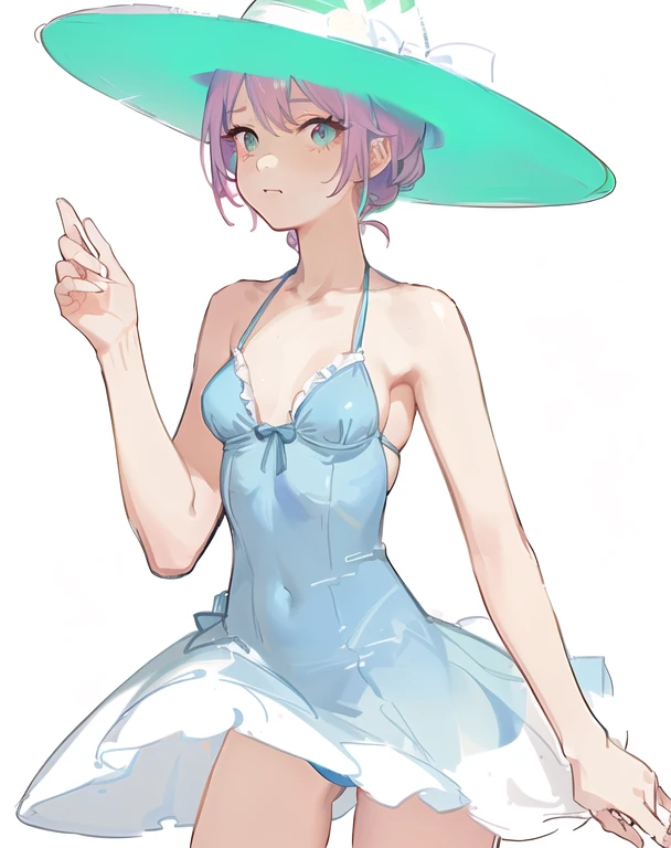un dibujo de una mujer con un vestido azul y un sombrero verde, cuerpo completo portrait of a short!, boceto coloreado, nami una pieza, is wearing a swimsuit, en vestido, nami de una pieza, ella esta usando un sombrero, lineales de colores, cuerpo completo:: tiempo soleado::, swimsuit, lineales de colores, in retro swimsuit, cabello color rojo, ojos color gris