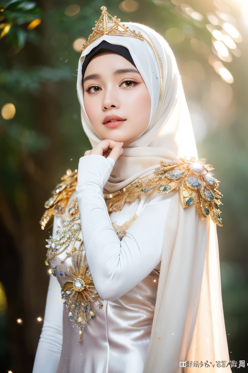 (masutepiece), Professional , masterpiece、top-quality、photos realistic , depth of fields (Gemstone Silver hijab full Body:1.9),(Matte White、Particles of light、 Gold Weapon(Metal:1.4),Gorgeous metal weapons , Detailed Sword of the Brave , Beautiful hijab ,warhammer 40k , adepta sororitas,Detail and ornate jewel crown、Particles of light、Brown hair、Gangle's forest background、Beautiful Caucasian hijab、1a person、dynamic ungle,(((Detailed and ornate diamond crown)))、Particles of light、