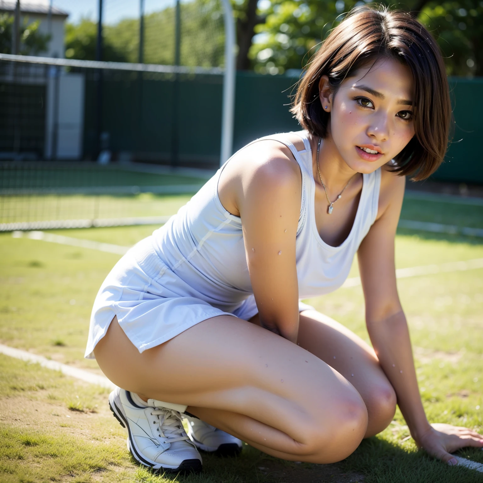 1 beautiful girl, alone, white sneakers, tennis wear, white mini skirt, masterpiece, highest quality, realistic, very detailed, (shiny skin, sweaty:1.4), absurd, looking at the viewer, short black hair, brown eyes, thin, dynamic lighting, High resolution, sharp focus, Depth of the bounds written, fine eyes, sharp pupils, , (small breasts), (thick thighs:1.0), outdoor, half open mouth