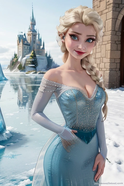 (masterpiece, best quality:1.2), Elsa, 1girl, solo, looking at viewer, blue dress, from frozen, cleavage, long white hair, blue skirt, blue eyes, sexy smirk, frozen castle, 