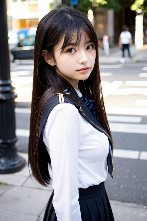 A school uniform with a butterfly-like haori、A truly beautiful smile、Realistic、Side Tail、Butterfly Hair Ornament、profile