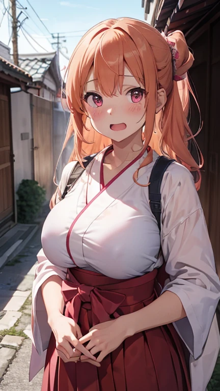 mastute piece,Best Quality,insanely detailed,8k cg,nsfw,
shoot upper body,(body in front:1.1),1girl,standing,looking at viewer,(pink samurai costume,hakama,katana),BREAK,blush,shy,ecstasy face,gasping,(trembling:1.2),orange hair,break,open mouth,large breast,japanese old townscape,