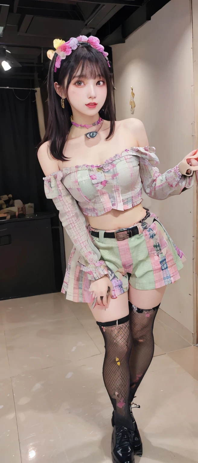 Fairytale punk idol girl、、Pastel Yellow and Pink Skull Print Punk Shorts Costume（off shoulder、）、tall、good style、whole body、colorful hair、、Fishnet tights、Skull Accessories、Haunted Live Floor、flower belt