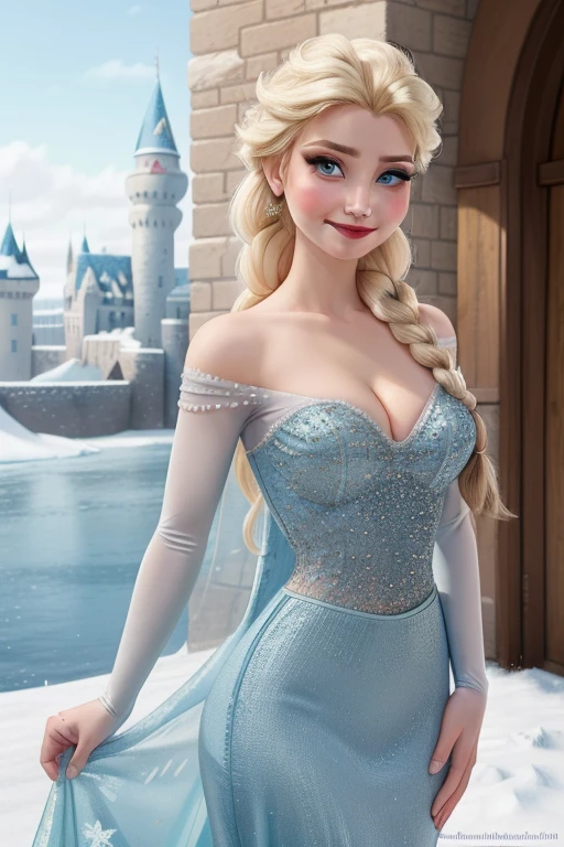 (masterpiece, best quality:1.2), Elsa, 1girl, solo, looking at viewer, blue dress, from frozen, cleavage, long white hair, blue skirt, blue eyes, sexy smirk, frozen castle, 