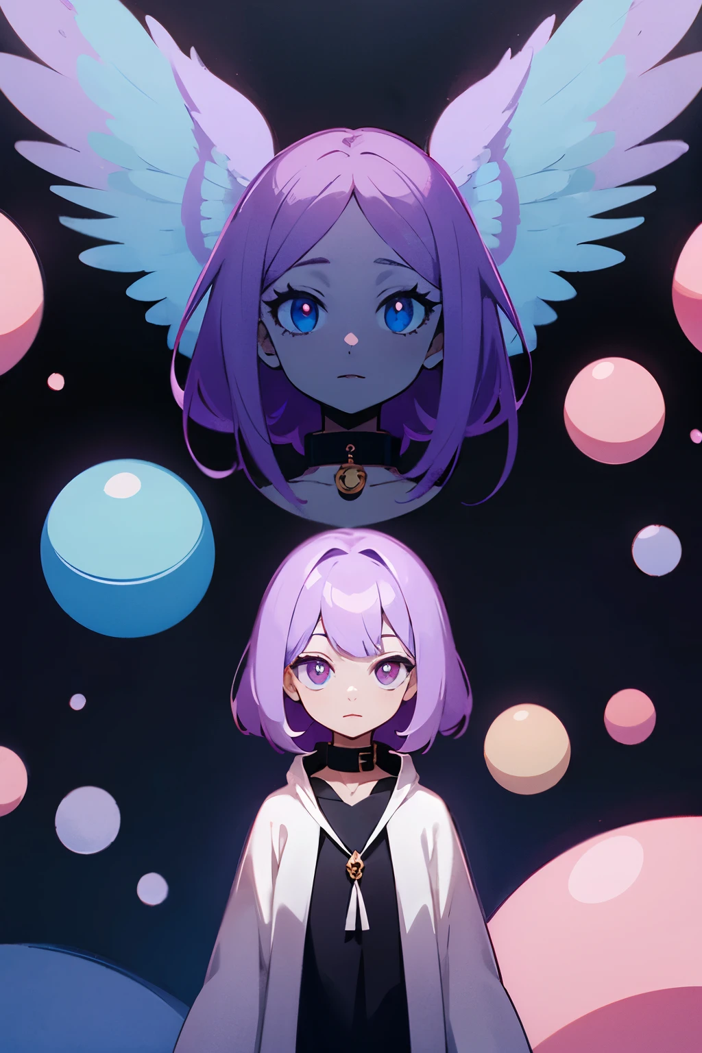 Crea un personaje estilo anime, una dullahan. llamanda ming ming, tiene la mitad del pelo de color morado y la otra rosa. Ojos color violeta, vestimenta gotica de cuero. Aretes de cruz, gafas con mariposas, tiene un collar de obsidiana. su paleta de colores es negro, morado, rosa, gris, y azul pastel.