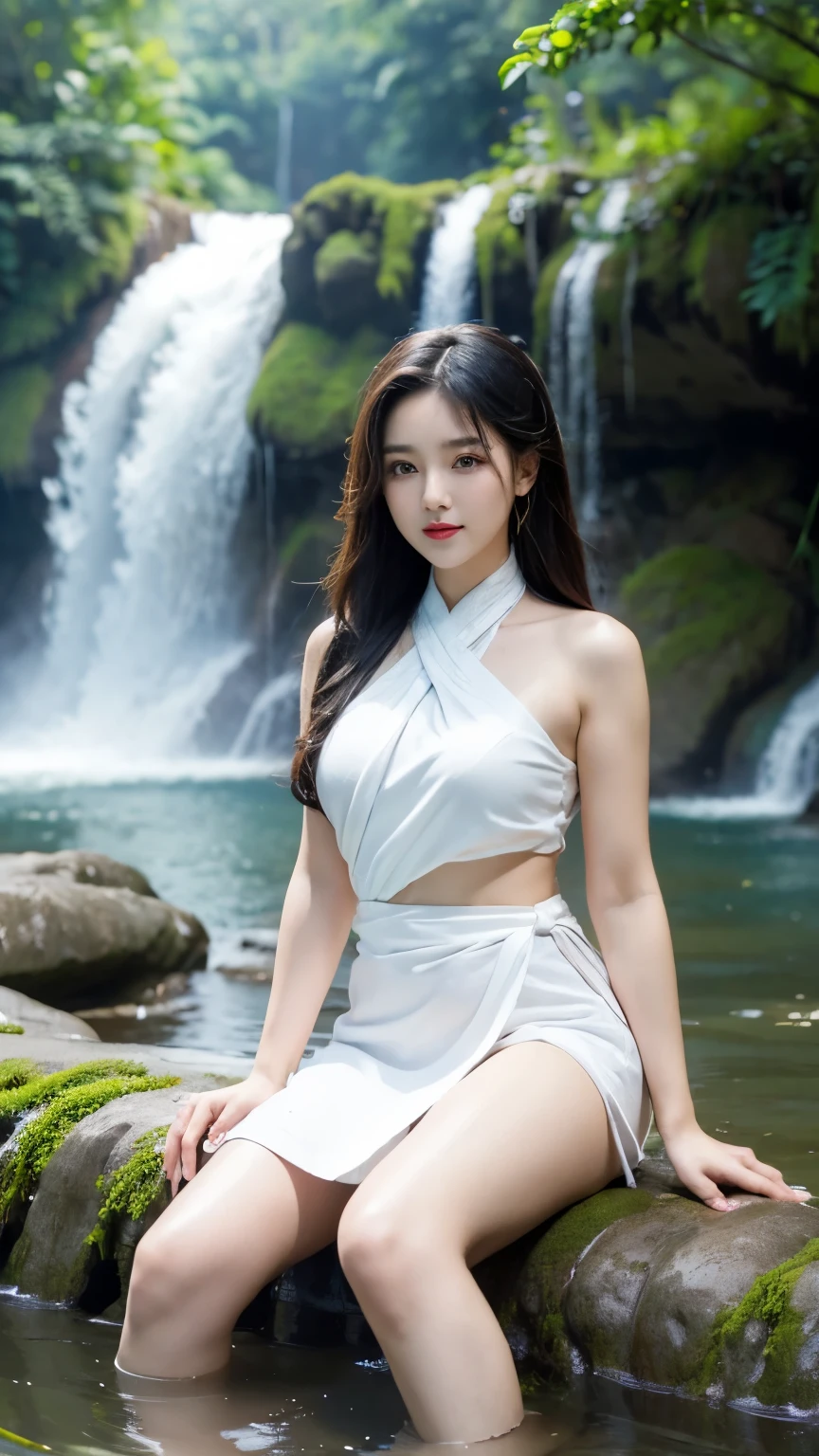 Beautiful Girl, Korean makeup, Red lips, big breasts, medium body, wrap a towel, body towel wrap, thigh, sit, lakes, ngồi trên hòn đá giữa hồ, (((cảnh quang hồ nước giữa rừng, waterfall,)))