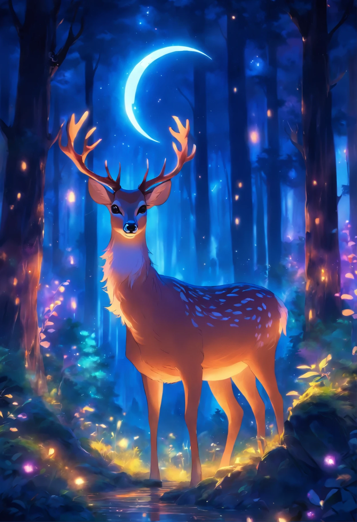 a painting of a deer in the woods with a crescent, a digital painting by Caroline Chariot-Dayez, Artstation, fantasy art, calm night. digital illustration, ✨🕌🌙, night in the forest, in the forest at night, in a forest at night, night forest, the moonlit dance of the fae, ori and the blind forest