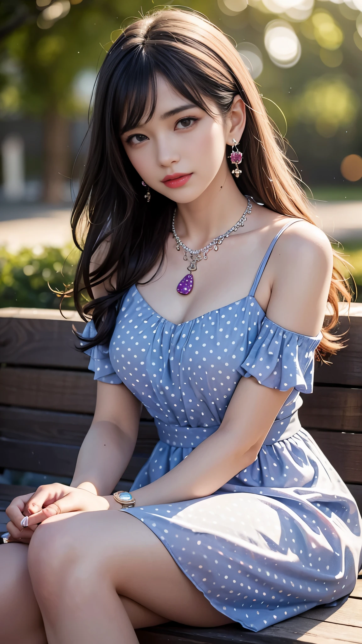 best quality, masterpiece, 1girl, (polka dot dress), purple dress, hair ornament, necklace, (jewellery:1.8), Beautiful face, upon body, tyndall effect, photorealistic, rim lighting, two tone lighting, (high detailed skin:1.2), dslr, (spreading light:1.5) soft lighting, high quality, volumetric lighting, candid, park, Photograph, high resolution, 4k, 8k, Bokeh, sitting,