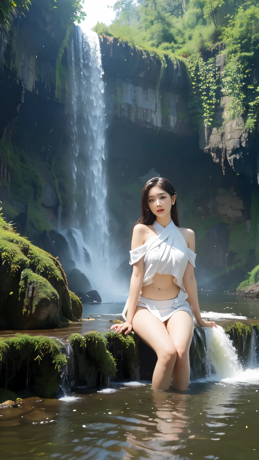 Beautiful Girl, Korean makeup, Red lips, big breasts, medium body, wrap a towel, body towel wrap, thigh, sit, lakes, ngồi trên hòn đá giữa hồ, (((cảnh quang hồ nước giữa rừng, waterfall,)))