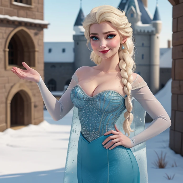 (masterpiece, best quality:1.2), Elsa, 1girl, solo, looking at viewer, blue dress, from frozen, cleavage, long white hair, blue skirt, blue eyes, sexy smirk, frozen castle, 