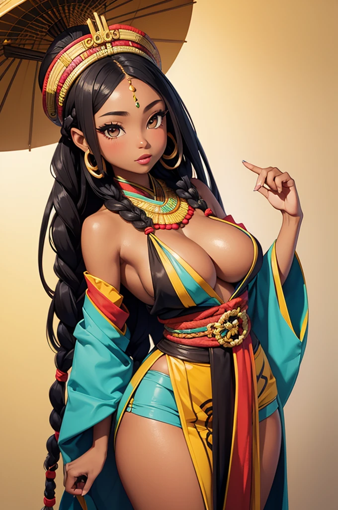 Beautiful lady who is Half African and half Japanese. Dark skin. Asian facial features. thick long hair in African braids. Wearing colorful Laplander outfit. ultra-thin-waist, ultra-wide-hips, large .