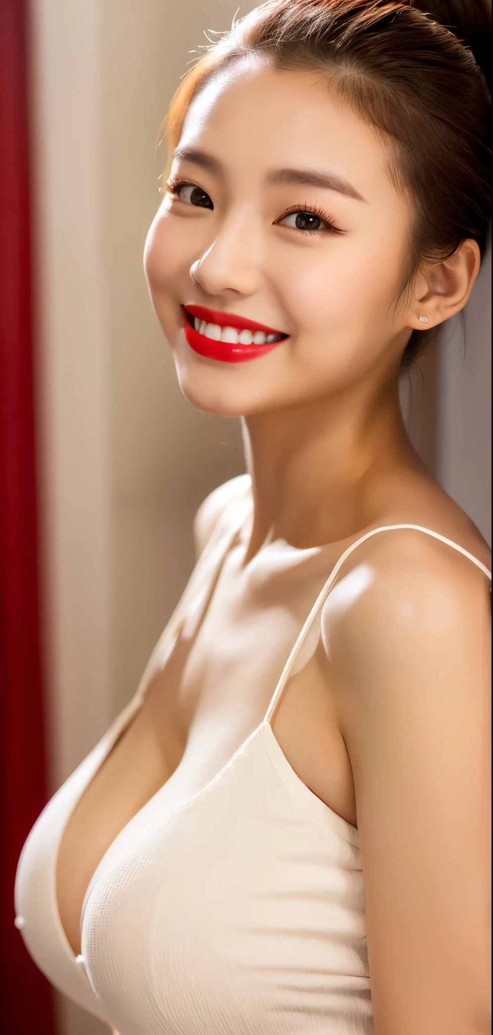 1girl,baiyi,large breasts,red lips,smile,ponytail,realistic