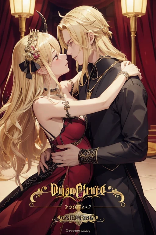 ((highest quality)), ((masterpiece)), (be familiar with), perfect face、blonde、straight hair、Princess Leona、Princess Leona、Dai's Great Adventure、hair ornaments、See-through、necklace、ring、bangles、Caster wheel、first round、darknessの祭壇、black clothes、darkness、Demon King、Maou、evildoer、marriage、marriage式、Demon Kingの妻、pregnancy、Hug with my husband、Demon Kingと姫、kiss、pregnant woman、2 people、Demon King怪物、monster、Man horns wings tail、devil